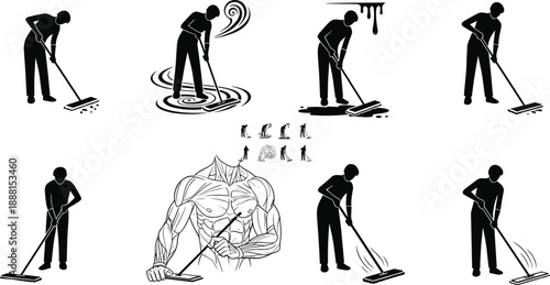 PrintSet of Professional Janitor Silhouette Icons Showing Mopping Techniques, Surface Cleaning Action, Ergonomic Body Mechanics, and Muscle Anatomy for Industrial Sanitary Maintenance Service Graphics