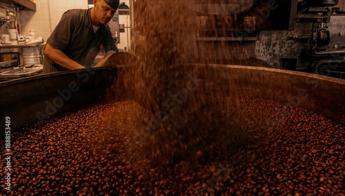 Worker monitoring freshly roasted coffee beans cascading from industrial roaster into large metal cooling tray inside warm lit production facility