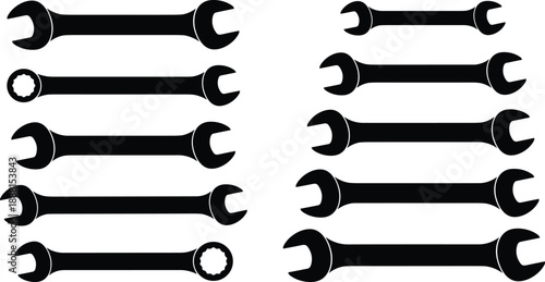 PrintBlack silhouette set of professional open end and combination wrenches for mechanical repair, industrial hardware tools, and plumbing equipment icons on white background.