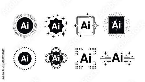 A collection of artificial intelligence logos and symbols displayed in various shapes and styles showing innovation