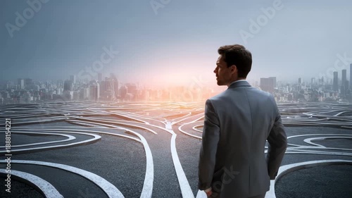Businessman contemplating a complex maze-like road in an urban setting, symbolizing challenges in decision-making.
