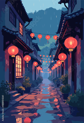 Taiwan Jiufen Old Street Red lanterns glowing narrow alleyway night Rainy romantic atmosphere reflection wet stones Flat