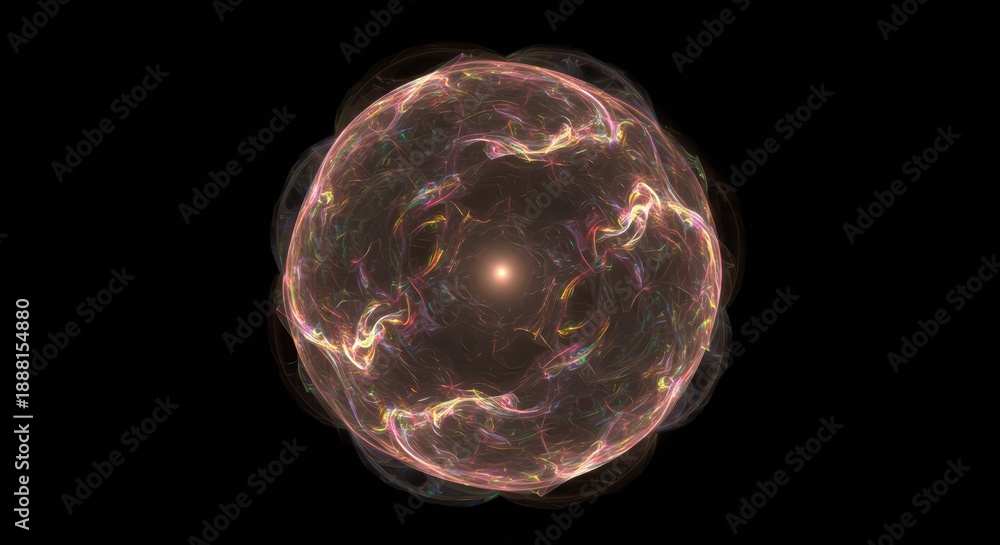 Naklejka premium Abstract luminous spherical structure glows with internal multicolored wisps against a dark background