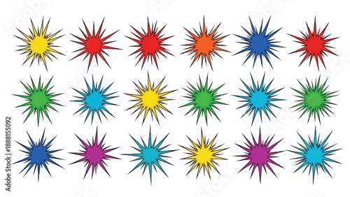 An arrangement of vibrant starburst shapes in a variety of bright contrasting colors fills the entire frame
