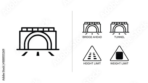 Bridge and Tunnel Road Sign Line Icon Set