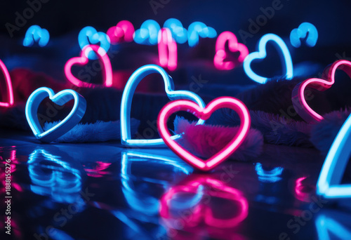 light neon bokeh valentine background blue hearts high resolution high details vibrant 
