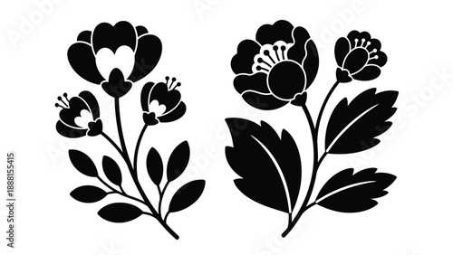 Stylized black and white floral illustration depicting two delicate flower arrangements with leaves and stems