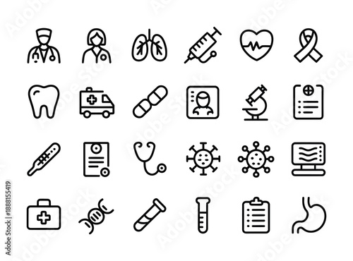 Collection of vector medical icons including doctors, tools, and healthcare symbols.