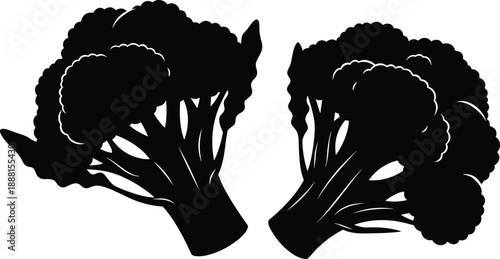 Black silhouette icons of two broccoli heads with scalloped florets and thick stalks for food and botanical visuals