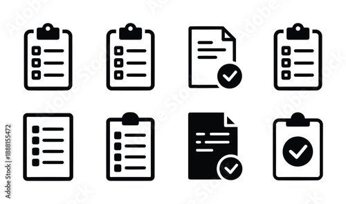 Collection of vector clipboard and checklist icons in a black and white design.