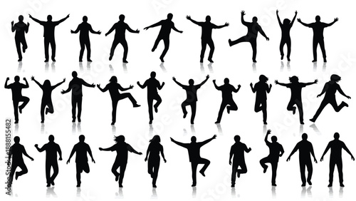 Silhouettes of people in various dynamic poses celebrating exercising and engaging in lively movement high quality