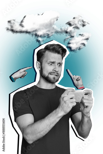 Fotografija Vertical photo collage of panic man hold iphone device play online game cyberbul