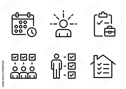 Set of vector icons representing time management, teamwork, and organization tasks