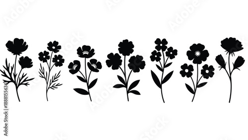 A collection of delicate black floral silhouettes displayed in a horizontal arrangement showcasing botanical artistry