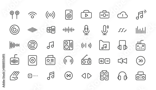 Variety of audio-related vector icons displayed in a clean and organized grid layout.