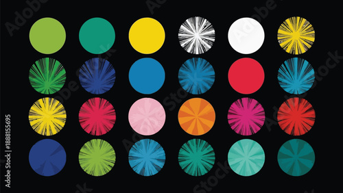 A vibrant collection of colorful circular designs arranged in a grid against a dark black background
