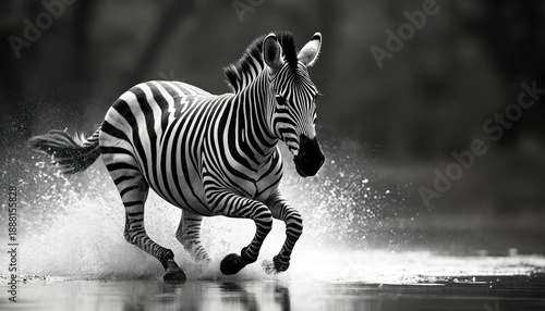 Monochrome zebra runs through water splashes. Wild animal with black and white stripes moves fast across river. Nature photography of zebra in motion.