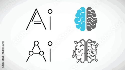 The image displays artificial intelligence concepts with stylized icons representing brains connections and algorithms high quality