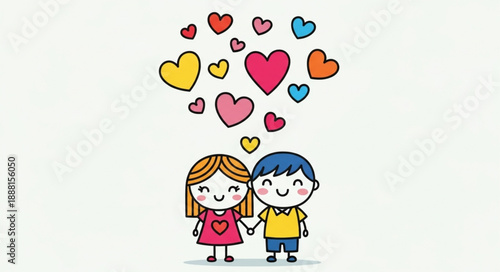 Cute Cartoon Couple Holding Hands Surrounded by Hearts.