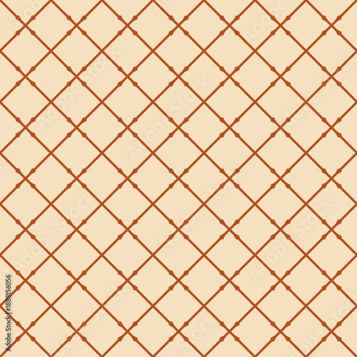 Seamless geometric diamond grid pattern with orange thin lines on a light beige background. Minimalist trellis ornament for classic wallpaper, textile, and elegant surface design