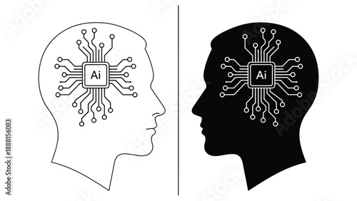 Artificial intelligence within the human mind depicted in contrasting black and white profiles symbolizes thought