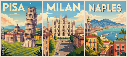 Retro-style triptych poster featuring Pisa, Milan, and Naples with iconic architecture, scenic views, and warm vintage colors.