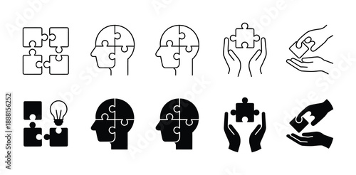 Collection of vector puzzle icons representing problem solving and teamwork