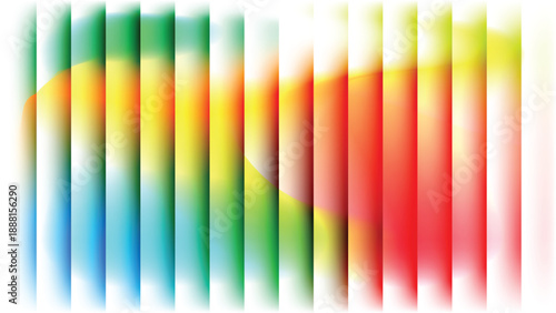 A colorful abstract image featuring vertical streaks of green blue yellow orange and red hues on a white background