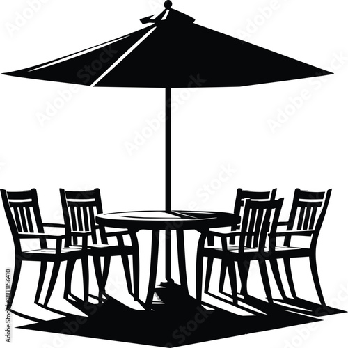 Outdoor patio dining set with umbrella and chairs silhouette illustration for summer relaxation and al fresco dining concepts isolated on white