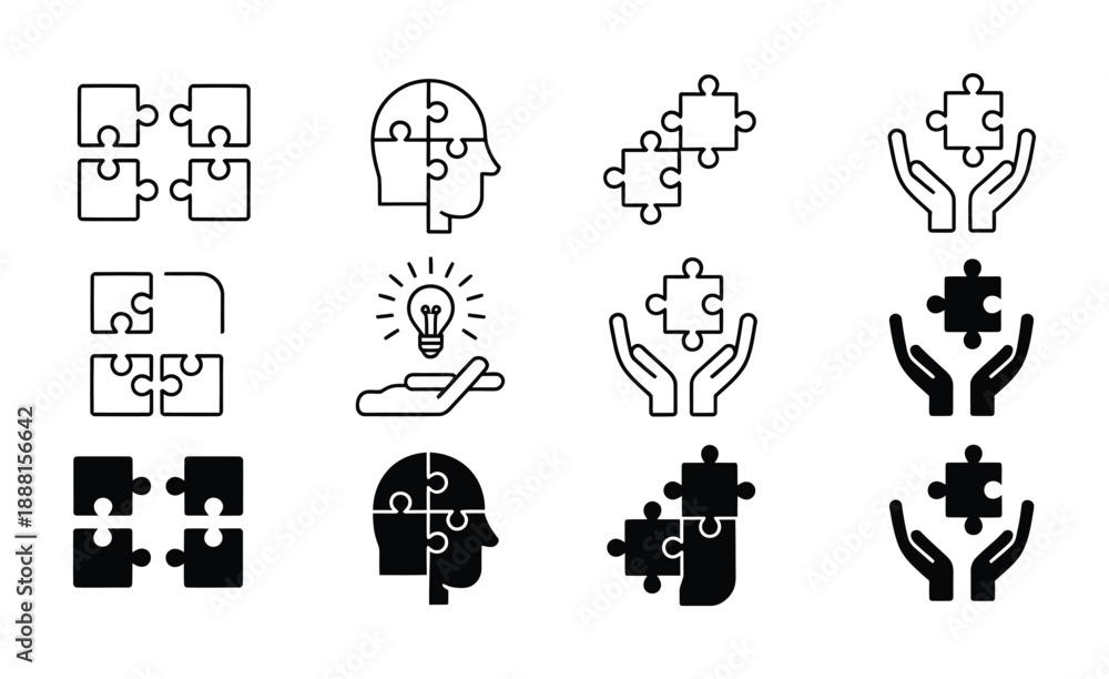 Fototapeta premium Vector illustration set featuring puzzle pieces and hands for problem-solving concepts.