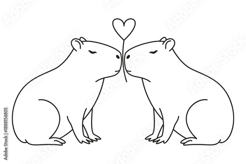 Line Art Capybara Couple Romance Vector, Minimalist Animal Love Icon