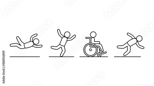 Set of diverse stick figures illustrating falling, tripping, and a person in a wheelchair for safety