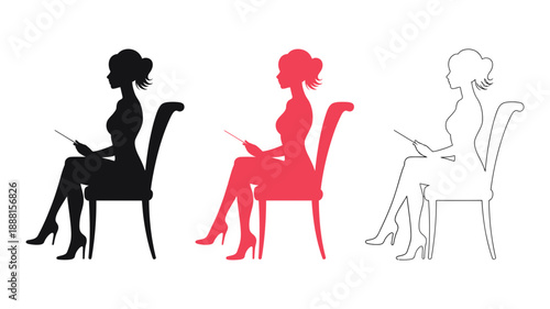 Stylized silhouettes of a woman sitting on a chair, engaged in reading or contemplation