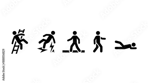 Essential safety pictograms illustrating common hazards like falls, electric shocks, and trips