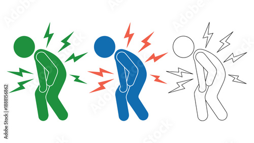 Illustrating chronic back and knee pain discomfort with stick figures in different colors
