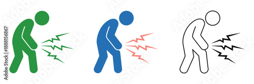 Illustrated stick figure icons depicting a person experiencing severe lower back or abdominal discomfort