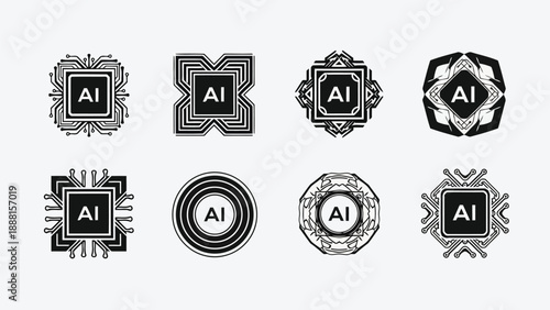 A collection of eight ornate black and white art deco style logos featuring the letters ai within