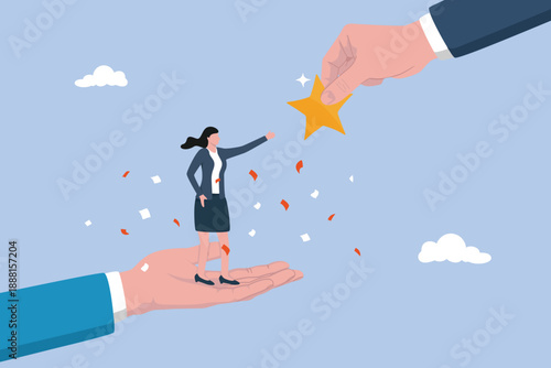 Winning confident business woman standing on big hand getting star reward, cheering or honor on success or achievement concept, employee success recognition, encourage and motivate best performance.