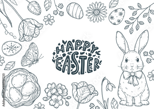 Hand drawn Easter frame with eggs, bunny, spring flowers and Happy Easter lettering. Vector drawing illustration.