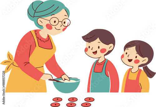 Elderly woman teaching two children to cook in a kitchen cooking bowl