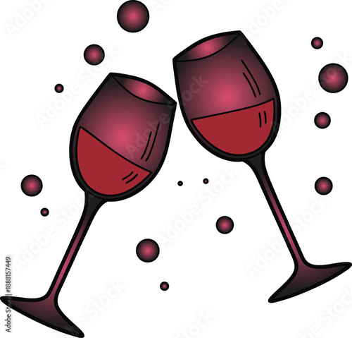 Two red wine glasses clinking with red wine and bubbles celebration