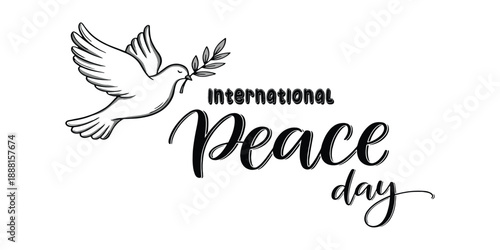 Hand drawn style International Peace Day illustration with dove and artistic lettering. Ideal for creative posters, prints, cultural events, and awareness campaigns.