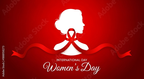 International womens day celebration with a woman silhouette and ribbon emblem on red background