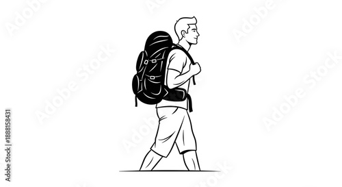 Man Hiking with Large Backpack Illustration.