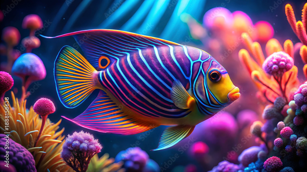 Naklejka premium Futuristic neon royal angelfish glowing among colorful corals in vibrant cinematic underwater fantasy scene