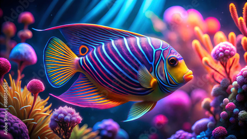 Futuristic neon royal angelfish glowing among colorful corals in vibrant cinematic underwater fantasy scene © designermetin