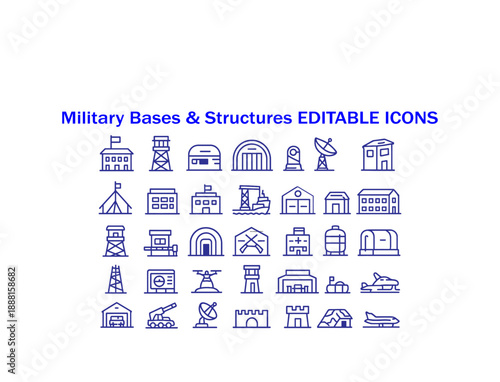 A comprehensive set of editable line icons depicting various military bases, structures, and equipment