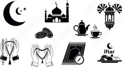 A comprehensive black and white vector icon set depicting various Islamic Ramadan symbols and traditions for religious design projects