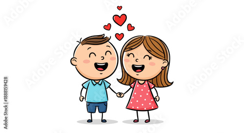 Cute cartoon couple holding hands with hearts above them.