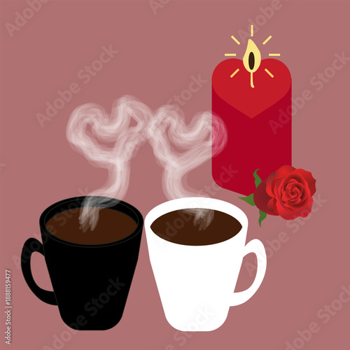 Two Coffee Cups with Heart Shaped Candle and Red Rose